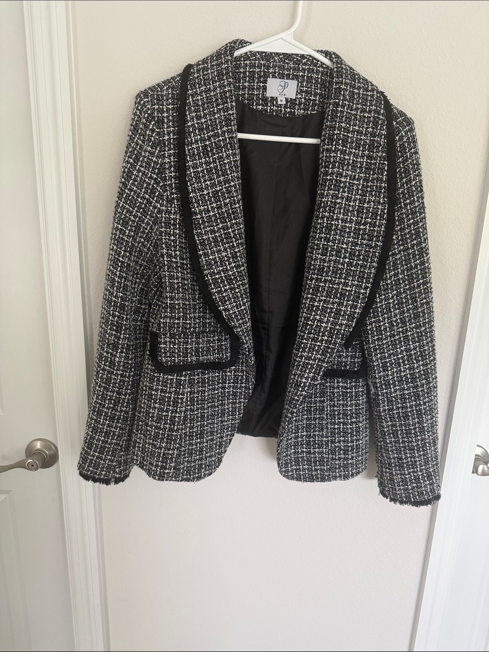 Structured Black & White Tweed Blazer with Black Trim